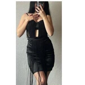 ASOS Black Fringe Bustier Crop Top‎ & Mini Skirt Dress Size 6